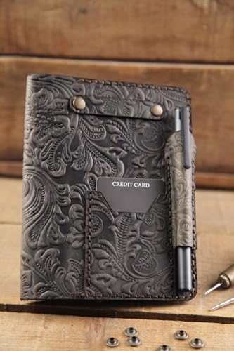 A6 Notebook Cover Genuine Leather Handmade Medium Size for Men and Women | Patterned Gray - Patterned Gray