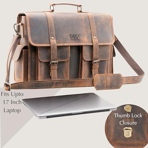 Handmade World Full Grain Buffalo Leather Messenger Bag Handcrafted 17 Inch Laptop 'The Dryden Business' Briefcase Computer Satchel Crossbody Shoulder Business Work Office Bag