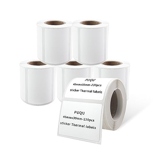 PUQU 40x30mm Direct Thermal Sticker Labels, Self-Adhesive All-Purpose Label Maker Tape, Compatible with AQ Series Label Printer, Refills Standard Laminated Office Labeling, 6 Rolls, 1380 Labels