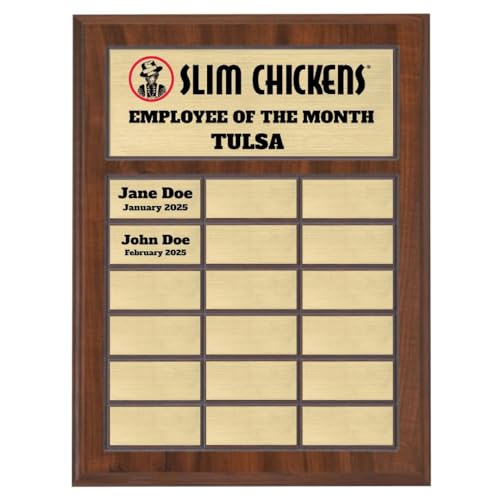 Custom Perpetual Plaque, Employee of The Month, Salesman of The Month Appreciation Award Gold Plates on Wood Grain Pressed Board (18 Plate - 12x15")