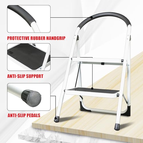 Big RED 2 Step Ladder: Ergonomic Folding Stool with Anti-Slip Pedal, Step Stool with Padded Handle for Kitchen, Household, Offices. 400 lb Capacity