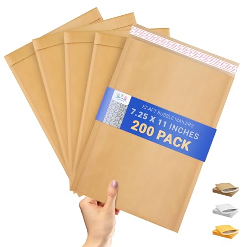 ABC PACK & SUPPLY Kraft Bubble Mailer, 7.25 x 11 Inches, Natural Brown Padded Envelopes Self Seal, Tear Resistant, 200 Pack, Paper Shipping Envelopes