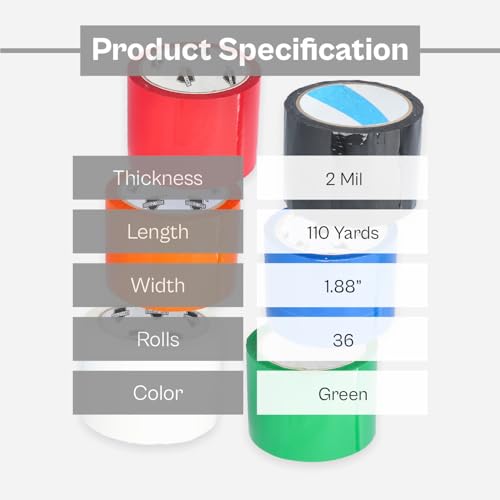 PSBM Green Packing Tape, 36 Rolls 2 Mil 1.88 Inch 110 Yards Per Roll, Heavy Duty Colored Tape for Color Coding, Packaging, Shipping, Moving & Sealing