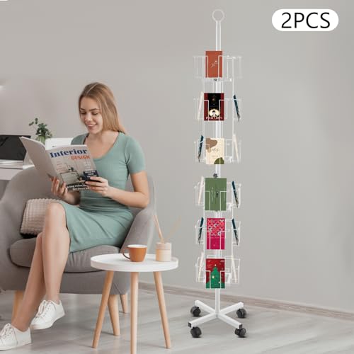 FFanhia 6 Tier Rotating Greeting Card Rack 24 Pocket Metal Greeting Card Display Stand with Wheels for Thrift, Retail, Grocery, and Convenience Stores, 2Pcs