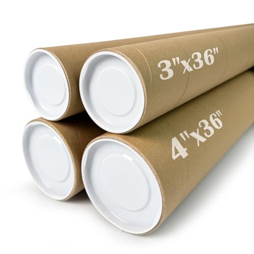 SEEYAURO 4-Pack Mailing Tubes with Caps, Kraft Paper Cardboard Storage Tubes for Shipping, Prints, Documents, Crafts & Golf Clubs (4in*36in, 3in*36in)