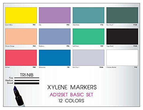 The Original Chartpak AD Markers, Tri-Nib, 12 Assorted Basic Colors in Plastic Carrying Case, 1 Each (AD12SET)