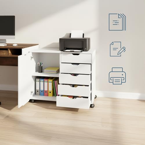 Relaxdays mobile roll cabinet, 5 drawers & 2 shelves, HWD: 65x78x40 cm, office storage, filing cabinet on wheels, white