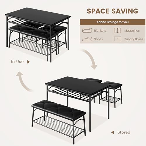 MOVECOM Dining Table Set for 4, 4-Piece Kitchen Table Set with Upholstered Bench & 2 Square Stools, Metal Frame Dinette Set with Storage Shelves, Space-Saving Dining Furniture for Small Spaces, Black