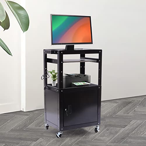 Steel Large AV Cart with Extra Storage, Adjustable Height Steel Large Media Presentation Cart Rolling Metal Storage Stand with Locking Cabinet, Pullout Tray, Power Strip