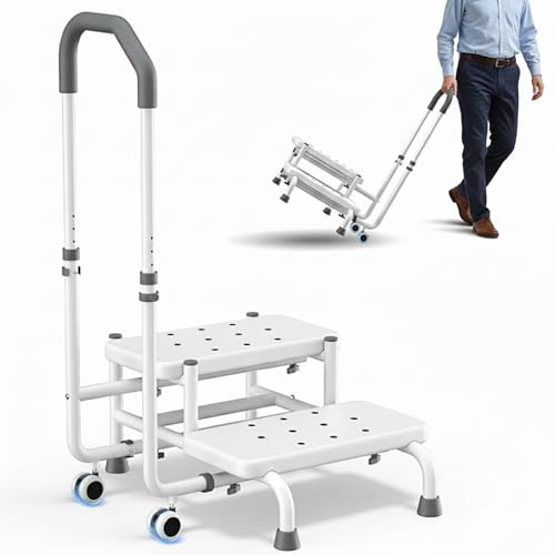 GLANORIA 2 Step Stool with Handle & Wheels for Seniors, Elderly and Adults