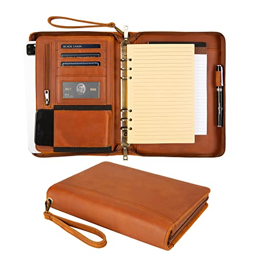 GZRHKJ A5 Genuine Leather Portfolio Notebook Binder, 6 Ring Binder Notebook Portfolio, Refillable Notebook A5 Planner Binder with Binder Pockets (Standard,Brown)