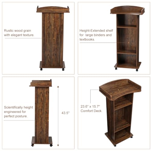 BEQUZON Wooden Podium Lectern Stand with Wheels, 3 Storage Shelves, Black Walnut, for Church Classroom