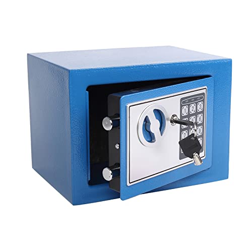 Yuanshikj Small Steel Security Safe Box with Keypad,Key;0.23 Cu Ft, Blue