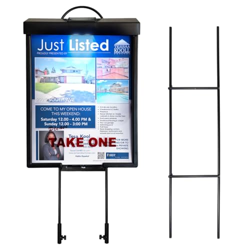 Calendars and More, Inc. Outdoor Real Estate Brochure Box with Solar LED Lid, Snap-Shut Take One Holder, Portable Two-Piece Metal Yard Stake Legs, 39"(Black with Solar Lid, Pack of 6)