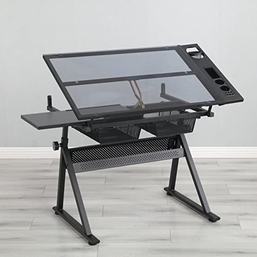 ZAVEROX Black Adjustable Tempered Glass Drafting Table with Chair, Steel Base, 0-75° Tilt Angle, for Art Design and Craft Work