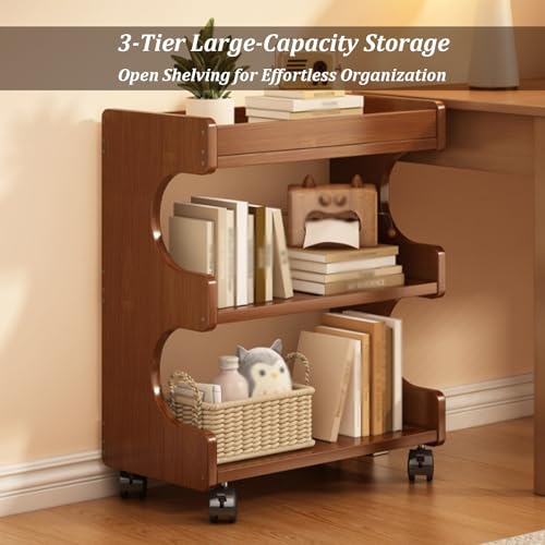 Dexinhdh Bamboo Rolling Book Cart, 3 Tier Mobile Bookshelf with Wheels, Rear Anti-Drop Back Panel, Multi-Functional Miscellaneous Item Storage Cabinet for Study Office Home