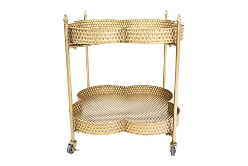 Creative Co-Op Vintage Clover-Shaped 2-Tier Hammered Metal Bar Cart with Wheels, Brass Finish