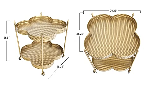 Creative Co-Op Vintage Clover-Shaped 2-Tier Hammered Metal Bar Cart with Wheels, Brass Finish