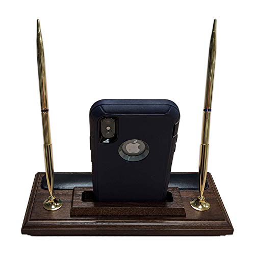 Walnut and Leather Pen Stand with Cell Phone Holder