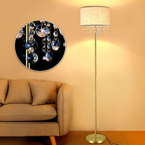 POCHY Luxury Floor Lamp Floor Lamp Modern Crystal Led Standing Lamps Fabric Lampshade Bedroom Floor Light for Home Living Room Bedside Interior Easy use