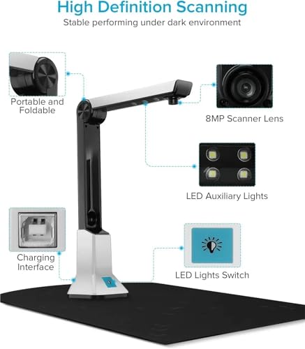 Document Camera Scanner Capture Portable Book A4 HD for ID Cards Passport Books Watermark Mega Pixel