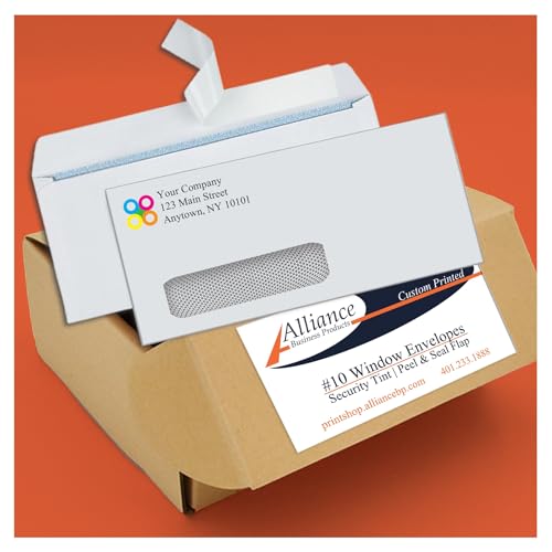 500#10 Custom Printed Single Left Window Self Seal Security Envelopes, Text and Logo Customization, Self Sealing Closure, Security Tinted, Size 4-1/8 x 9-1/2 Inches, 24 LB, 500 Count