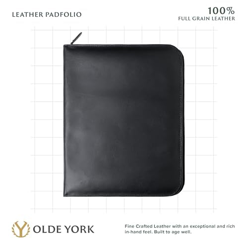 OLDE YORK Leather Padfolio — Leather Binder Portfolio for Men, Padfolio for Men & Women — 100% Authentic Top-Grain Leather (Black)