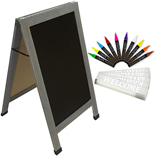 Excello Global Products Large Double-Sided 40x23 Heavy-Duty A-Frame Sidewalk Chalkboard Standing Sign, Includes 10 Chalk Markers, 40 Piece Stencil Set, Chalk and Eraser (Whitewash Grey)