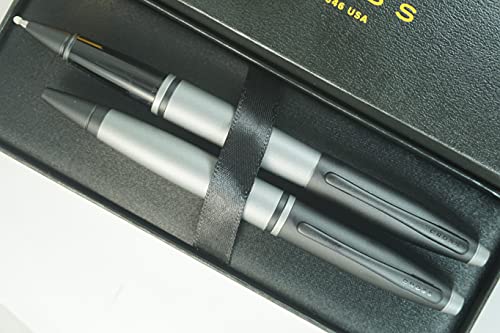 Cross A.T.Cross Calais Gray and Black, with PVD Appointments signature mid Band Selectip Black Gel Ink Rollerball pen and Ballpoint Pen set.