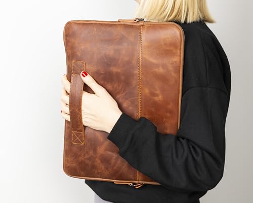 VENOULT Genuine Leather Laptop & Tablet Sleeve – Slim Design, Fits Devices up to 12" - 16" – Customizable Design, Soft Suede Lining, Lightweight Case for (Dark Brown, up to 16" Devices)
