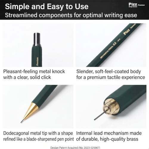 Pizz Premium Hexagonal Brass Mechanical Pencil Set with Matching Lead Case, 0.5mm Slim Pencil-Style Drafting Pencil, Gift Box Included, Made in Japan - Deep Green