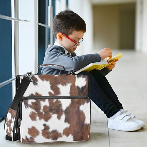 Gravopti Brown Print Cow 3-Ring Zipper Binder Bag, 13 Inch Laptop Organizer with Shoulder Strap & Handle Multiple Pocket File Folder for School Office