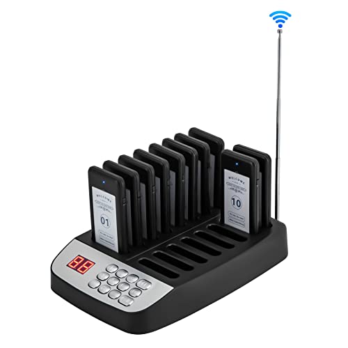 Restaurant Wireless Pager System, Guest Service Calling System, 10 Pagers and 16 Charging Slots, Buzzer, Vibration and Flashing Modes, Long Distance Transmission, for Restaurant
