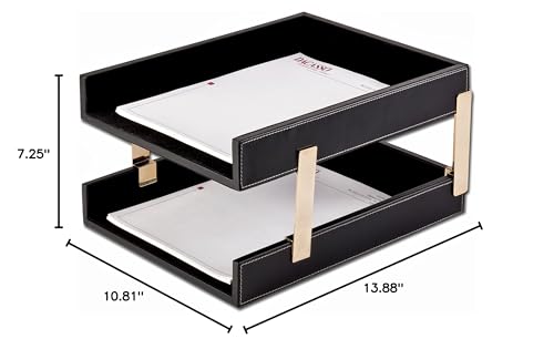 DACASSO Leather Desktop Double Letter Tray - Luxury Letter Holder & Paper Organizer for Desk - Office Organization & Executive Desk Decor - (Rustic Black)