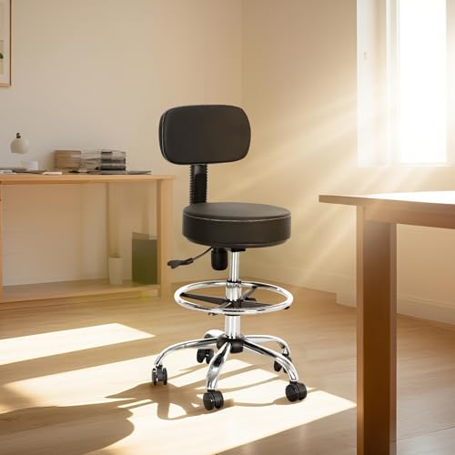 Frassie Drafting Chair Stool with Back Support Height Adjustable Salon Bar Rolling Stool with Footrest Ring Comfy Swivel Task Home Desk Chairs (1)
