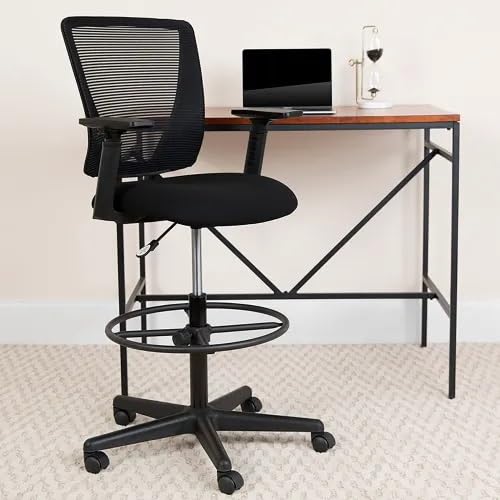 Ergonomic Mesh Drafting Stool with Adjustable Arms, Lumbar Support & Height-Control Foot Ring – Swivel Mid-Back Drafting Chair for Office or Studio, Black