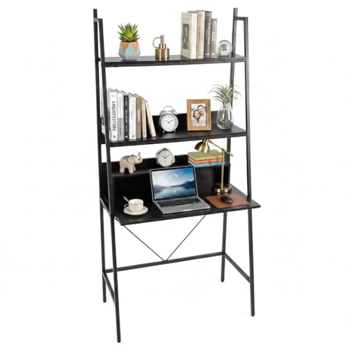 Tangkula 3-Tier Ladder Computer Desk, 71 Inch Modern Writing Desk with Storage Shelves, PC Laptop Workstation, Ladder Bookcase Stand Shelf with Metal Frame, Study Shelf Desk for Home Office (Black)