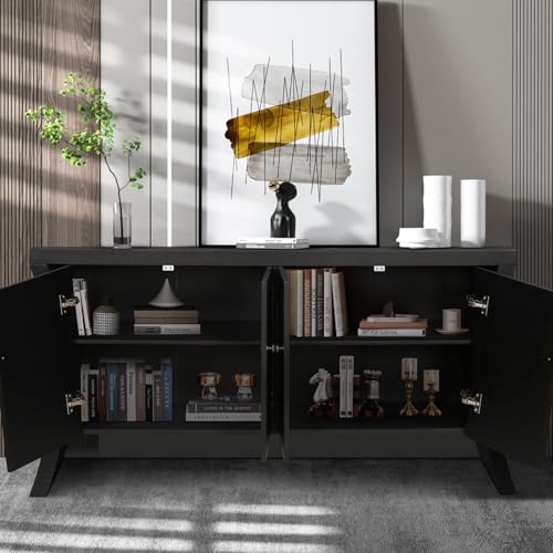 WEALTHKING Industrial Style 4-Door Wooden Credenza with Arc Base & Vintage Clasps - Versatile Storage Cabinet for Living Room, Entryway Console or Home Office Furniture (Black,A)