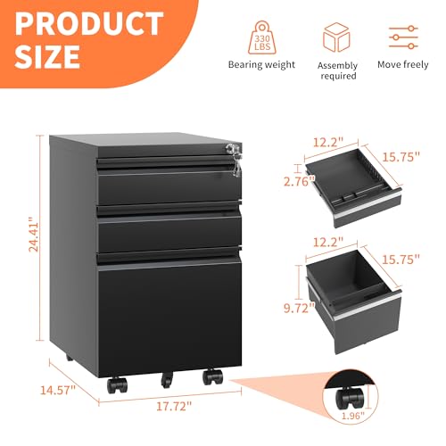 FLIXELIO 3 Drawer Mobile File Cabinet with Lock,Small Rolling Metal Office Storage Filing Cabinet Under Desk,Vertical Locking File Cabinets with Wheels for Home Office,Legal Fully Assembled,Black