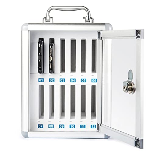 Aluminum Alloy Pocket Chart Cell Phones Storage Cabinet Wall-Mounted Phones Storage Locker Box with Portable Handle Key Lock & Handwritten Tags (Color : Silver, Size : 12)