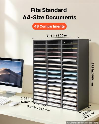 VEVOR Wood Literature Organizer 48 Compartments Office Mailboxes Black | Countertop Literature Sorter for Files Documents Papers, with Adjustable Shelves, for Office, Home, Classroom Organization