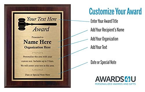 Custom Plaque with Gavel - Choose Your Title and Size. Personalized Award with Text - Customize Now! (8x10)