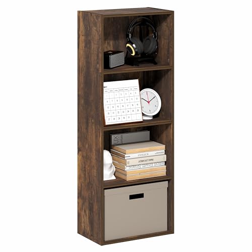 Furinno LUDER Book Shelf, 4-Tier Bookshelf, Bookcase with Open Shelf, 9.3 x 15.6 x 41.7, for Corner, Living Room, Bedroom, Home Office, Amber Pine