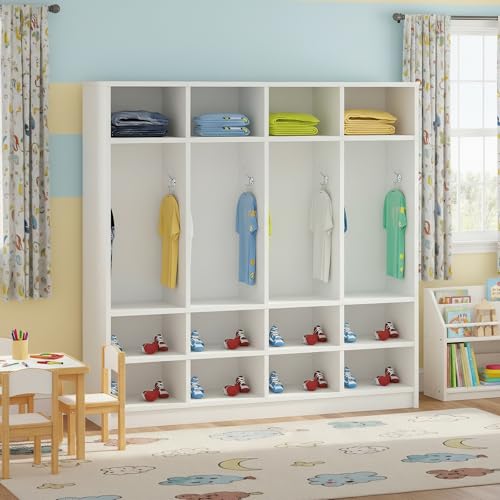 LHIUGE 3-Section Classroom Coat Locker,Kids Cubby Storage Organizer with 9 Cubbies,Wooden Lockers with 6 Hooks,Classroom Cubbies for Home, Office, School, Kindergarten