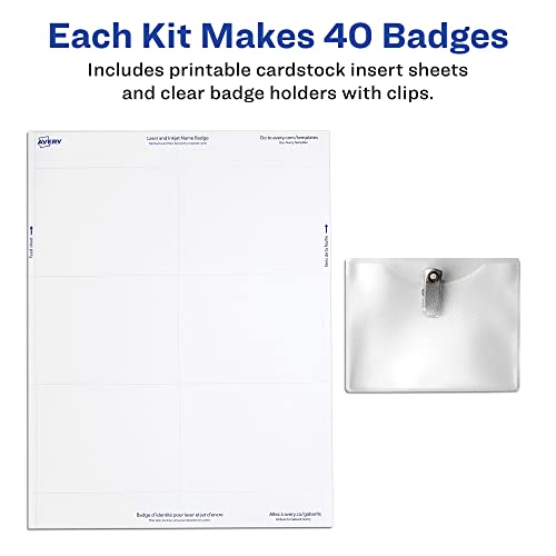 Avery® Customizable Name Badge Clips, 3" x 4", White, 2 Packs, 80 Printable Inserts and Badge Holders with Clips Total (21879)