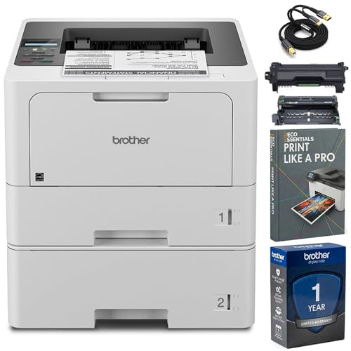 Brother HL-L5210DWT Wireless Monochrome Laser Business Printer, 48 PPM Duplex Printing, Dual Paper Trays, Ethernet and Mobile Printing with 6ft USB Printer Cable + Print Like a Pro eBook Guide Bundle