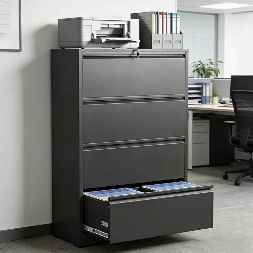 EKJ 4 Drawer Lateral File Cabinet with Lock, Heavy Duty Wide Steel Filing Cabinet for Home Office, 36" W Horizontal Storage Cabinet for Letter/Legal/A4/F4 Hanging Files, Easy Assembly (Black)