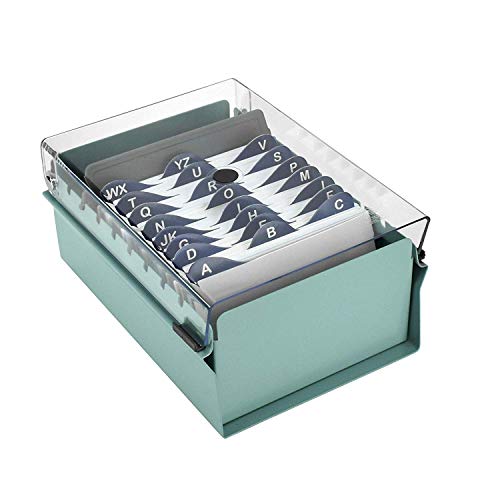 Acrimet 3 x 5 Card File Holder Organizer Box Metal Base Heavy Duty (AZ Index Cards and Divider Included) (Green Color with Clear Crystal Plastic Lid Cover)
