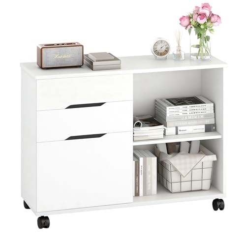 FDW 3 Drawer Lateral File Cabinet Mobile File Cabinet with Open Storage Shelves Office Printer Stand & Under-Desk Organizer with Wheels for Home Office,White