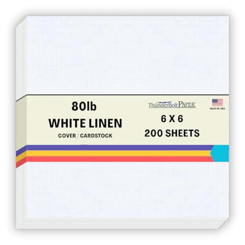200 Bright White Linen 80# Cover Paper Sheets - 6X6 Inches Square Scrapbook Album Size - 80 lb/pound Card Weight - Fine Linen Textured Finish - Quality Cardstock
